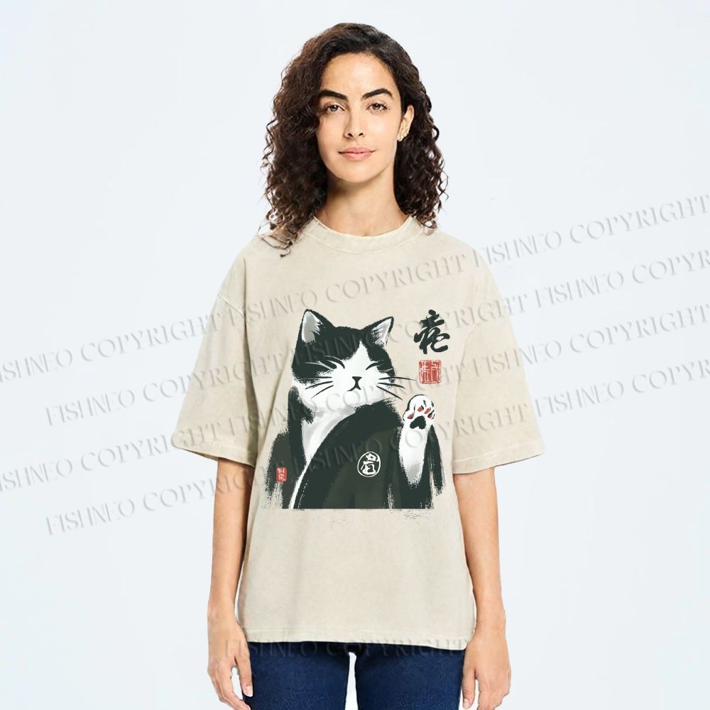 Unisex Kimono Cat Printed Washed Tee