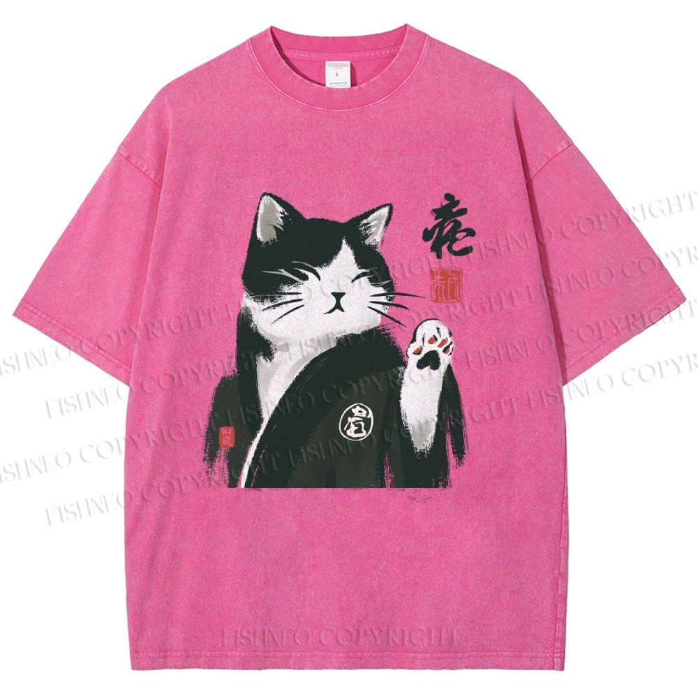 Unisex Kimono Cat Printed Washed Tee