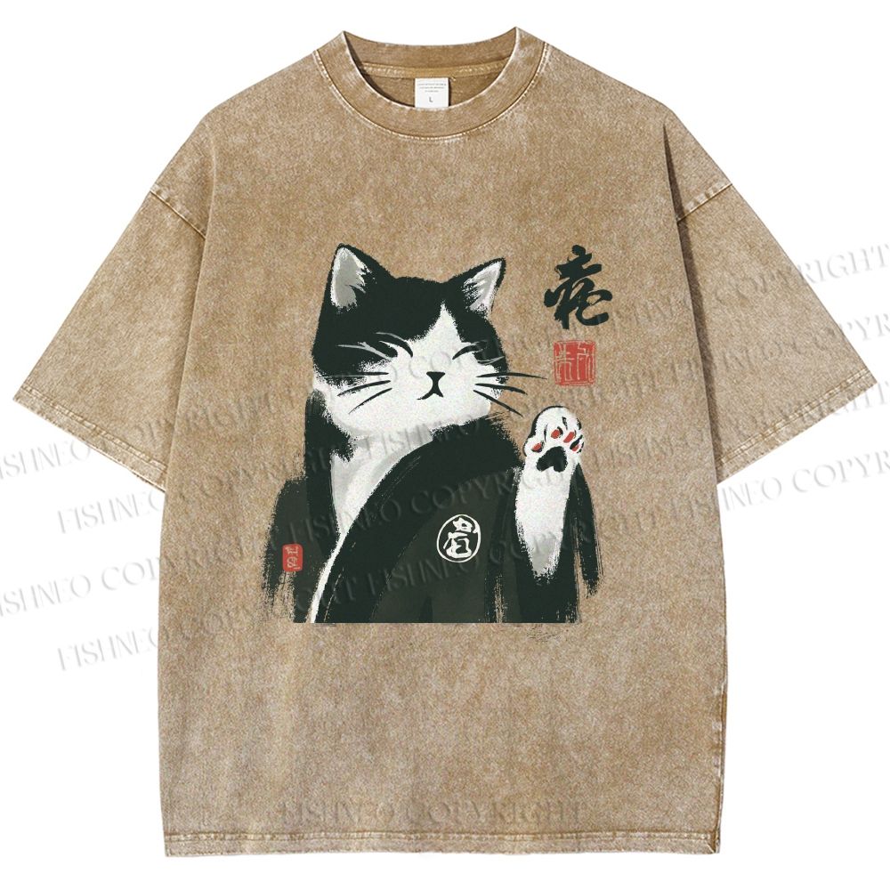 Unisex Kimono Cat Printed Washed Tee