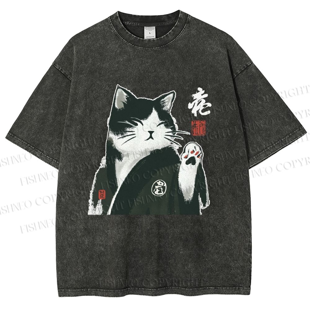 Unisex Kimono Cat Printed Washed Tee