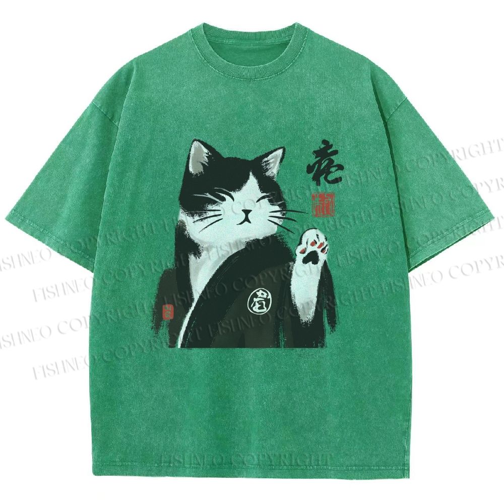 Unisex Kimono Cat Printed Washed Tee