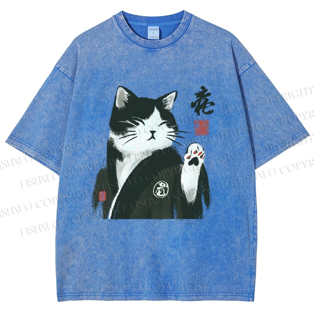 Unisex Kimono Cat Printed Washed Tee