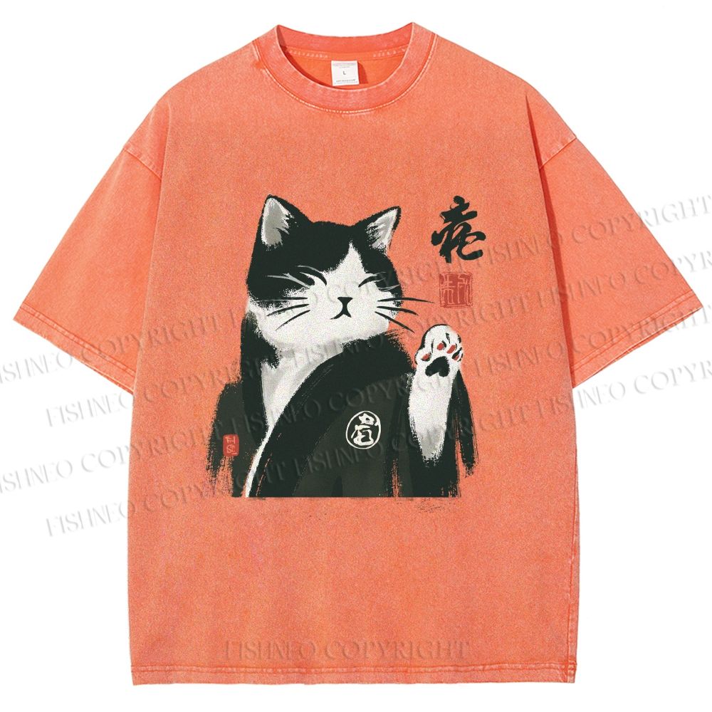 Unisex Kimono Cat Printed Washed Tee
