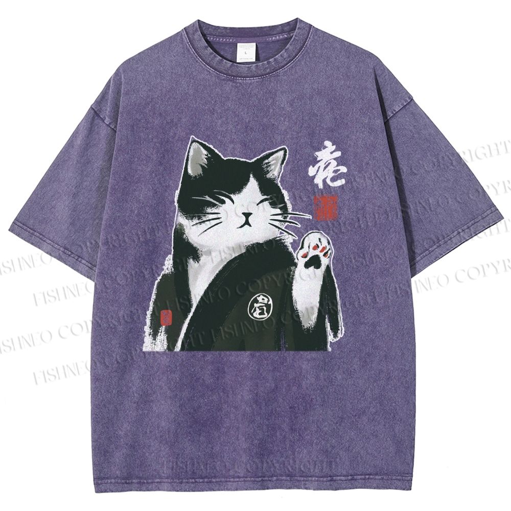 Unisex Kimono Cat Printed Washed Tee