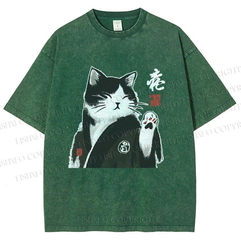 Unisex Kimono Cat Printed Washed Tee