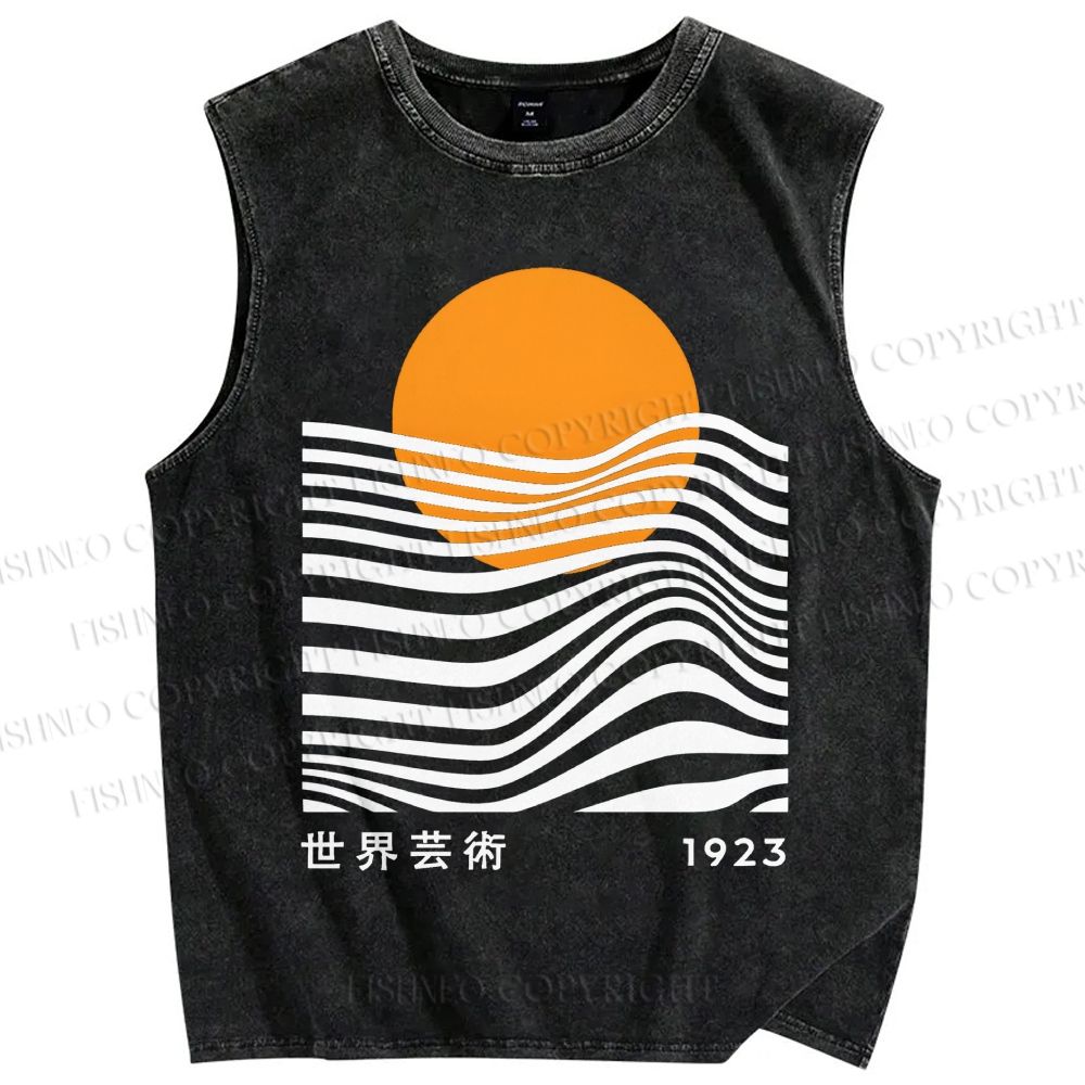 Unisex Geometric Waves Printed Washed Tank Top
