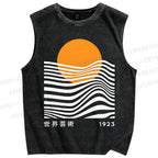 Unisex Geometric Waves Printed Washed Tank Top