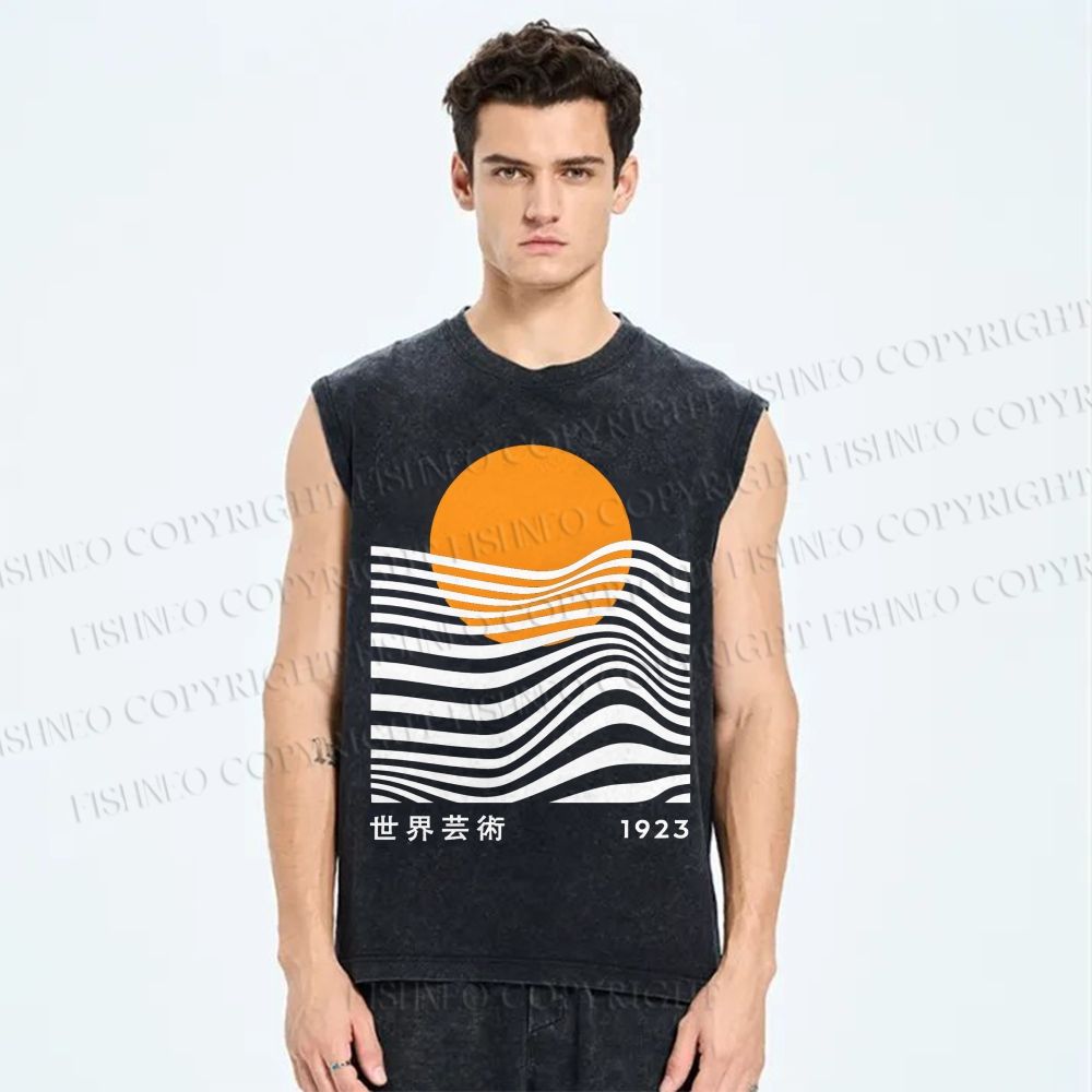 Unisex Geometric Waves Printed Washed Tank Top