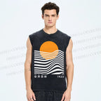 Unisex Geometric Waves Printed Washed Tank Top