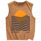 Unisex Geometric Waves Printed Washed Tank Top