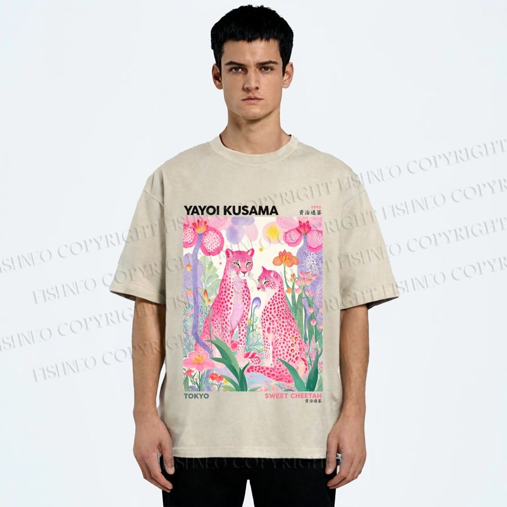 Unisex Yayoi Kusama Pink Cheetah Printed Washed Tee