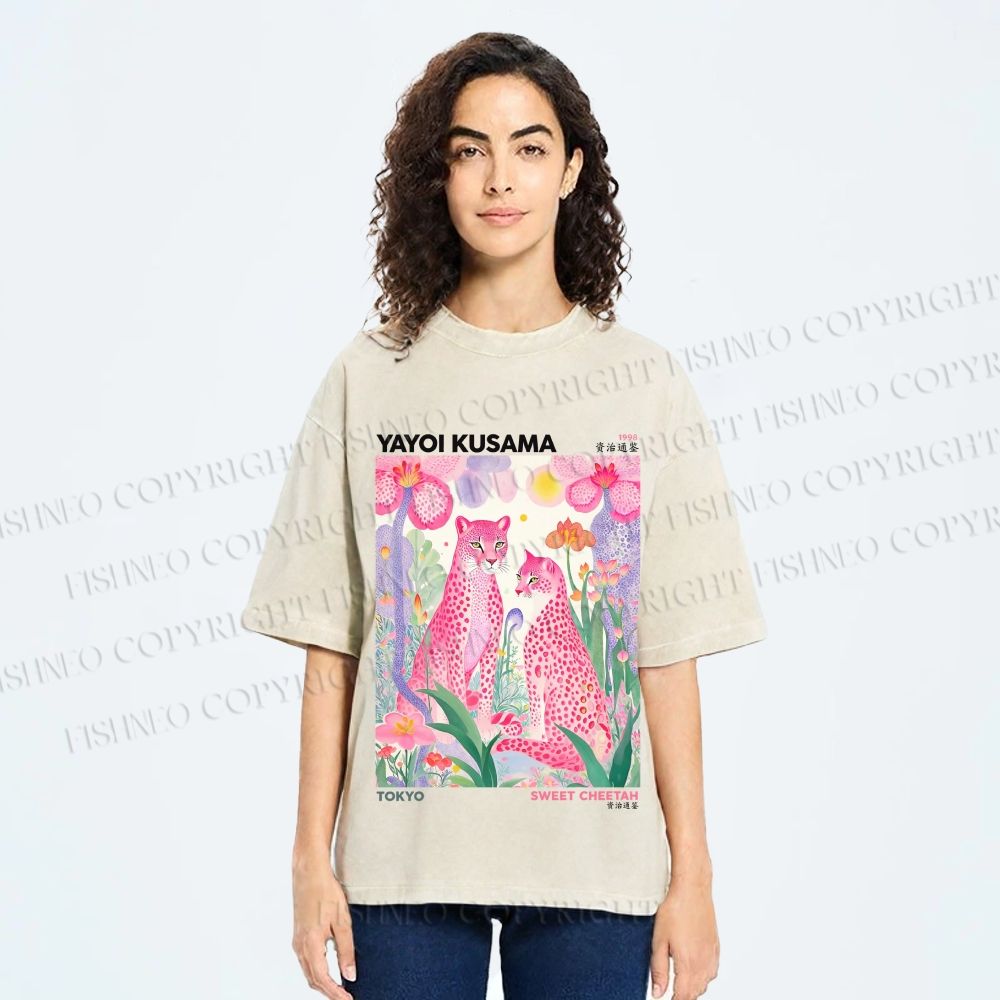 Unisex Yayoi Kusama Pink Cheetah Printed Washed Tee