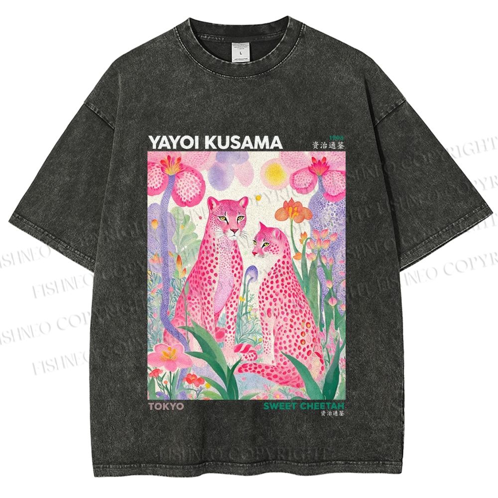 Unisex Yayoi Kusama Pink Cheetah Printed Washed Tee