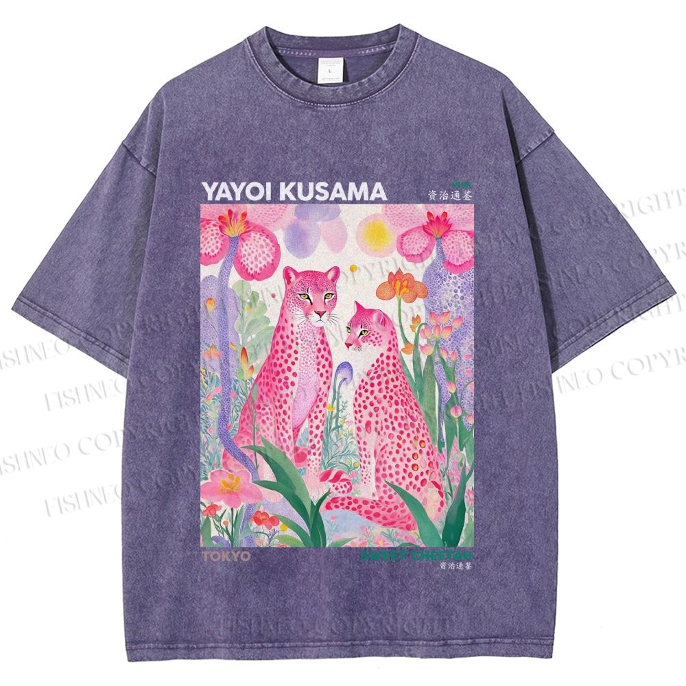 Unisex Yayoi Kusama Pink Cheetah Printed Washed Tee