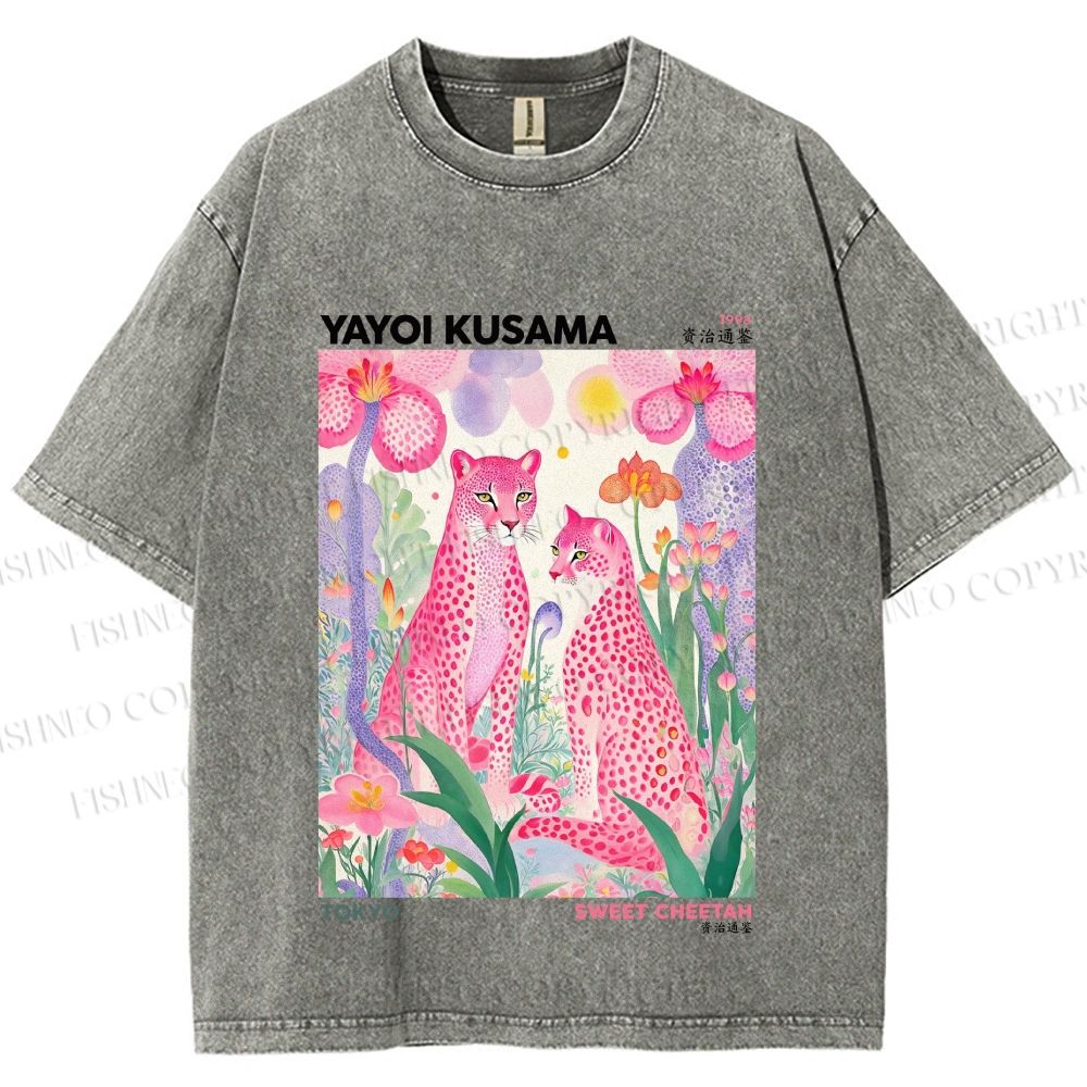 Unisex Yayoi Kusama Pink Cheetah Printed Washed Tee