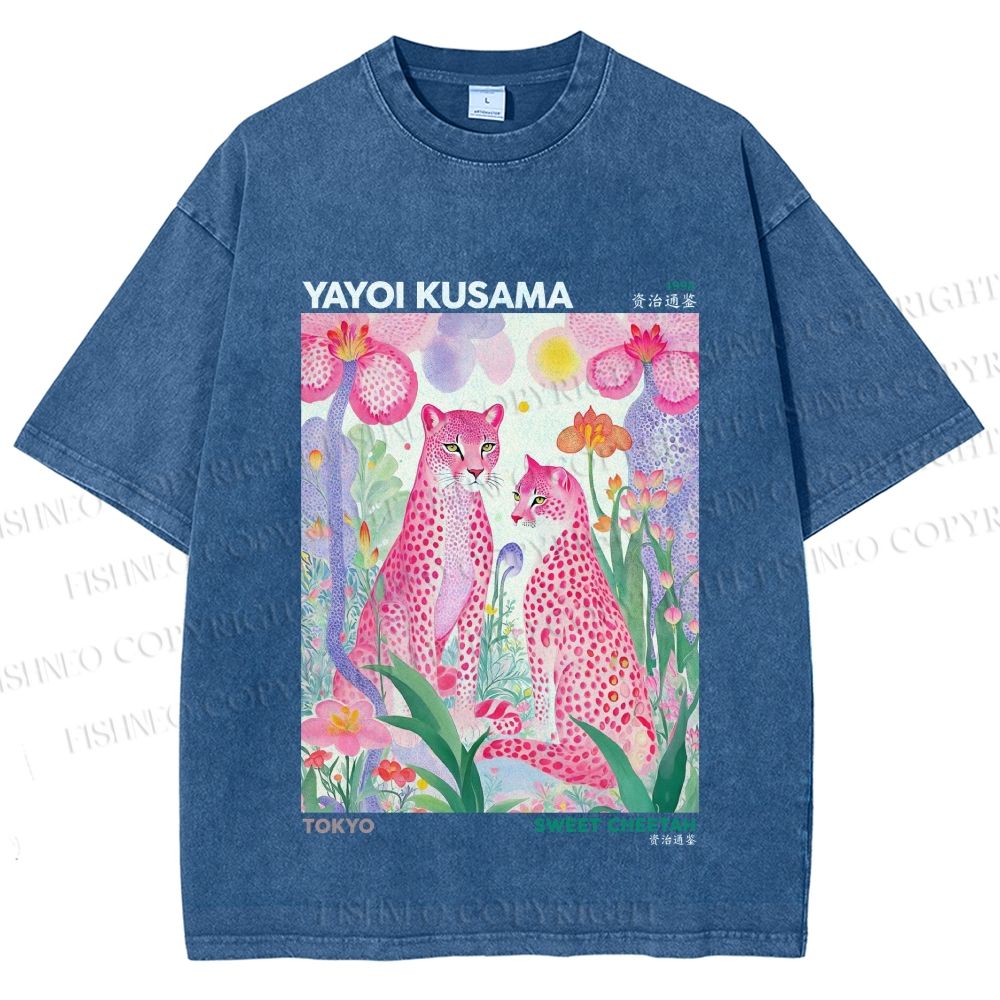 Unisex Yayoi Kusama Pink Cheetah Printed Washed Tee
