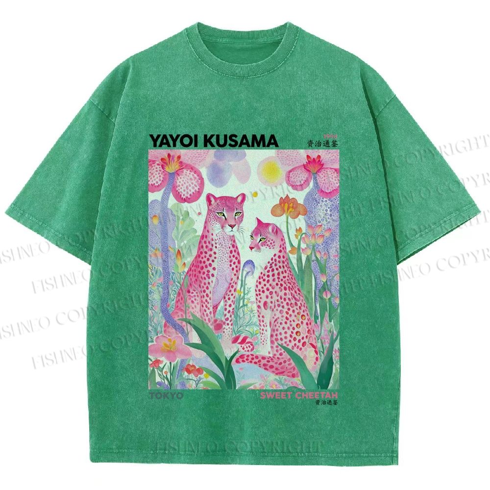 Unisex Yayoi Kusama Pink Cheetah Printed Washed Tee