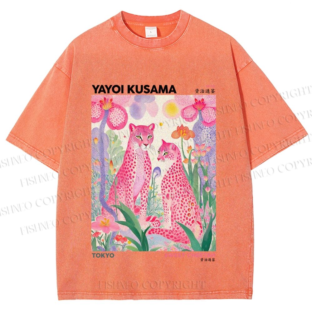 Unisex Yayoi Kusama Pink Cheetah Printed Washed Tee