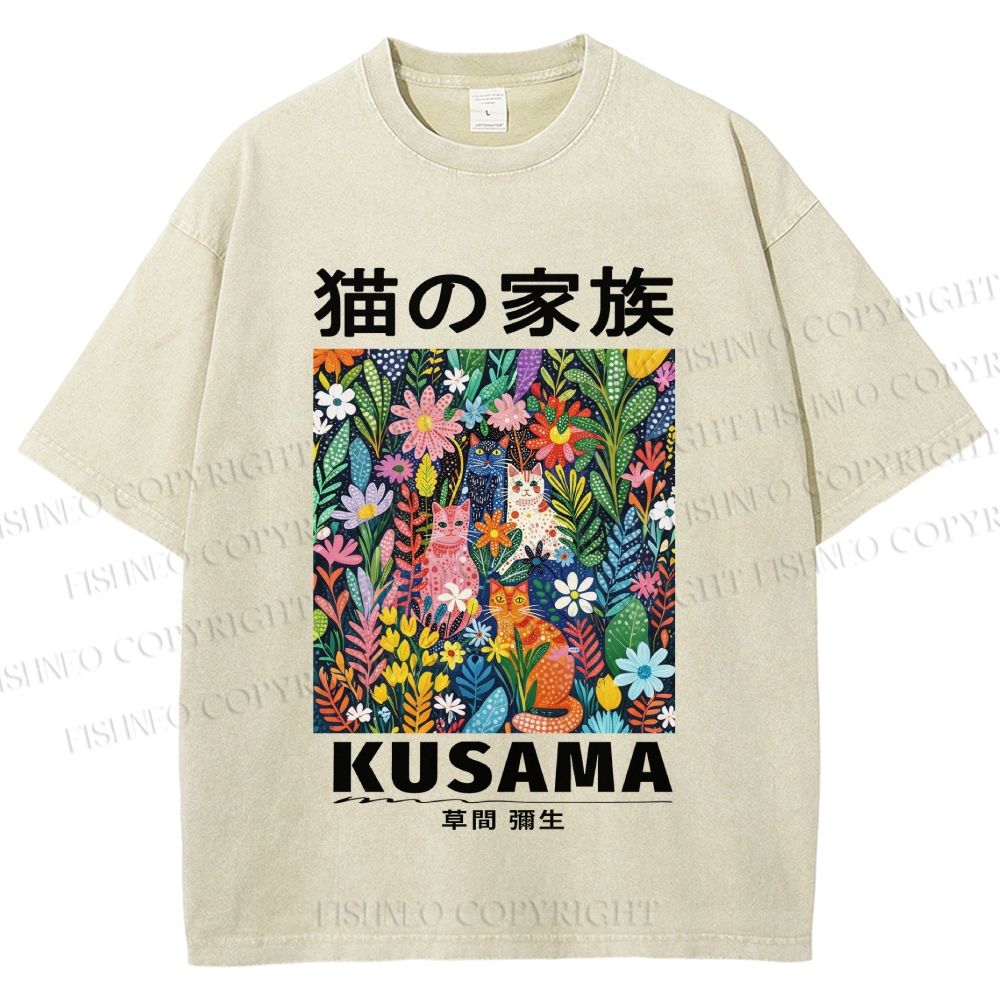 Unisex Yayoi Kusama Polka Dot Cat Printed Washed Tee