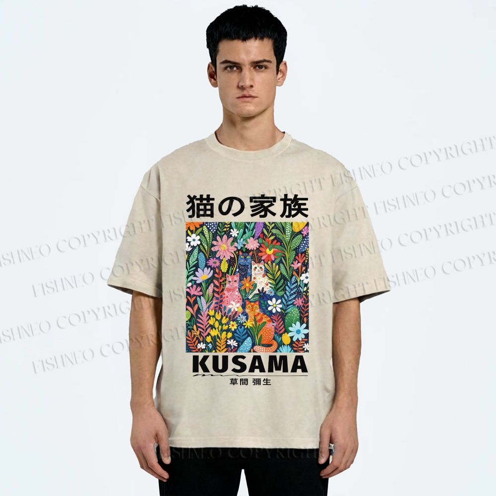 Unisex Yayoi Kusama Polka Dot Cat Printed Washed Tee