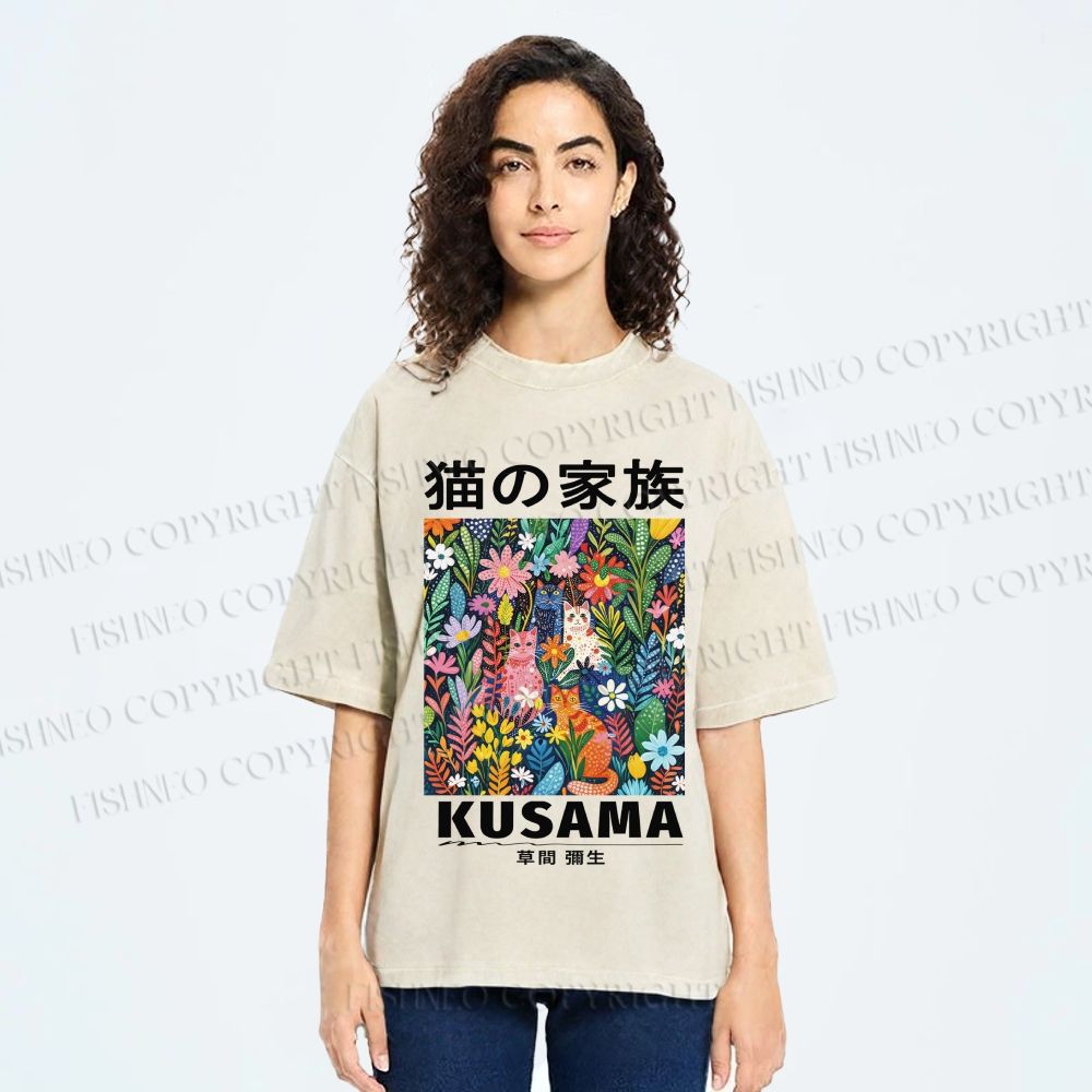 Unisex Yayoi Kusama Polka Dot Cat Printed Washed Tee