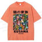 Unisex Yayoi Kusama Polka Dot Cat Printed Washed Tee