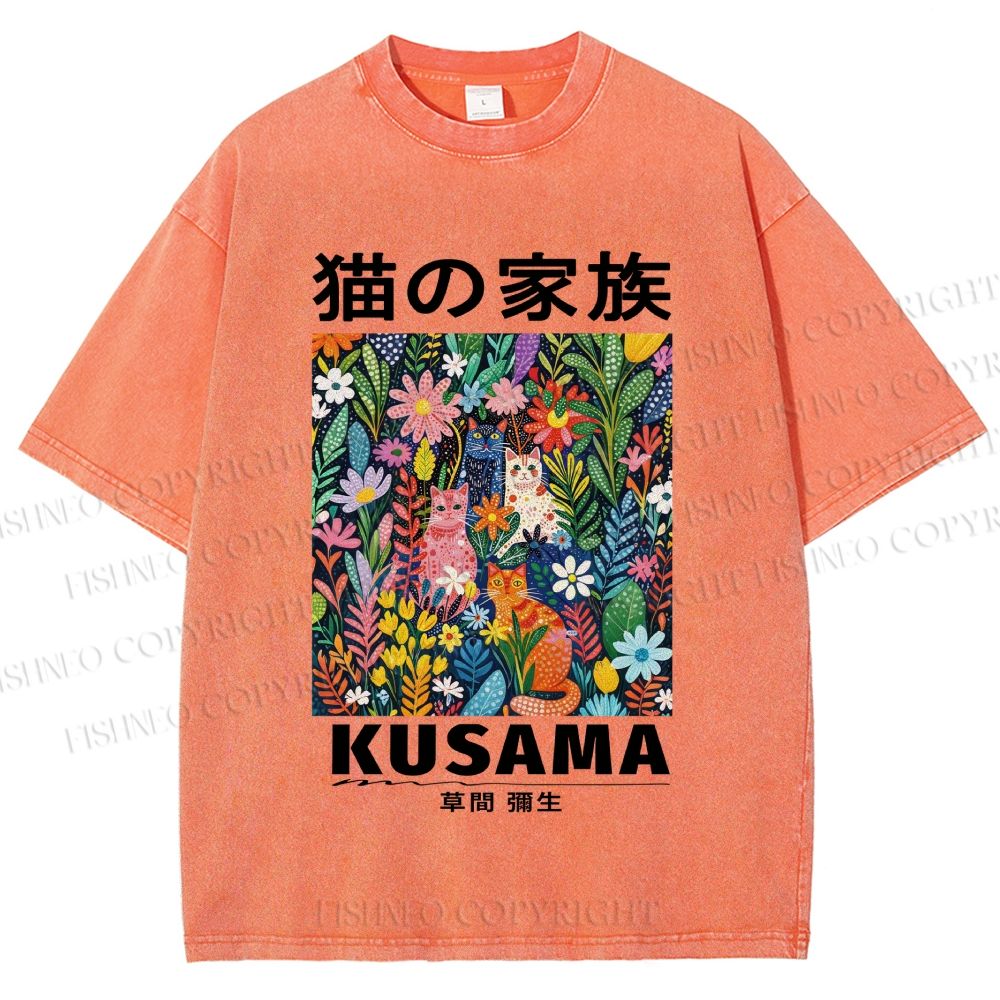 Unisex Yayoi Kusama Polka Dot Cat Printed Washed Tee