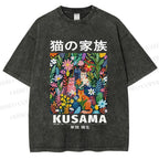 Unisex Yayoi Kusama Polka Dot Cat Printed Washed Tee