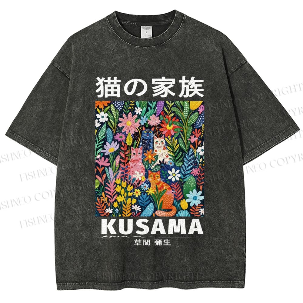 Unisex Yayoi Kusama Polka Dot Cat Printed Washed Tee