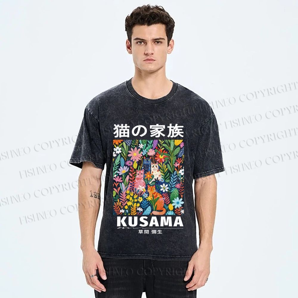 Unisex Yayoi Kusama Polka Dot Cat Printed Washed Tee