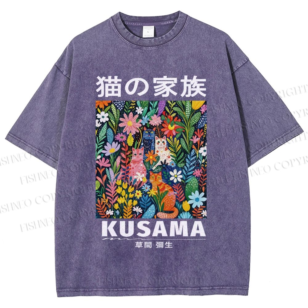 Unisex Yayoi Kusama Polka Dot Cat Printed Washed Tee