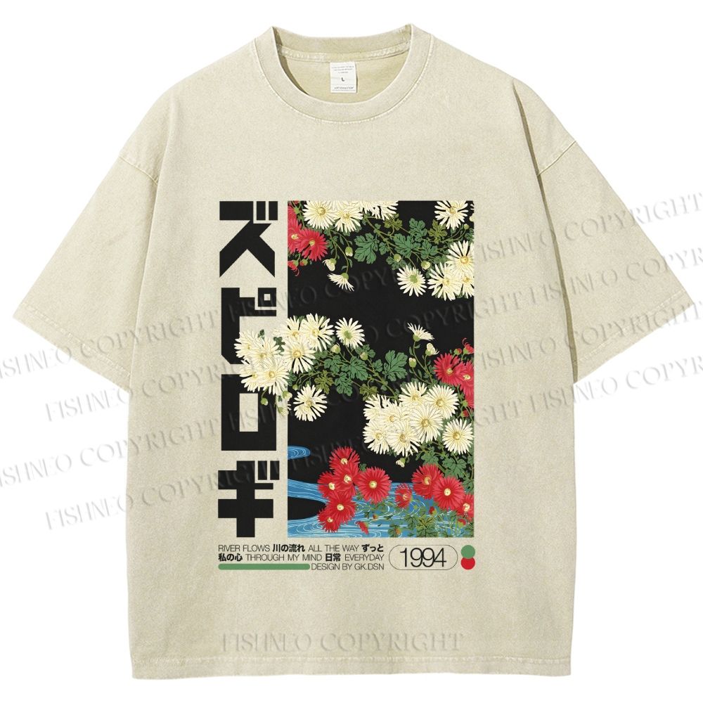 Unisex Japanese Daisy Printed Washed Tee