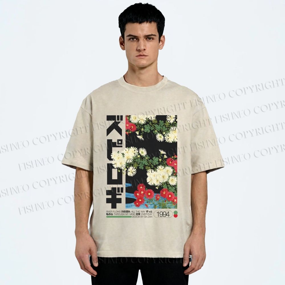 Unisex Japanese Daisy Printed Washed Tee
