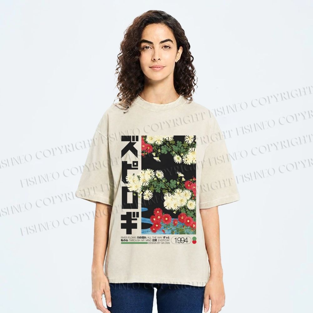 Unisex Japanese Daisy Printed Washed Tee