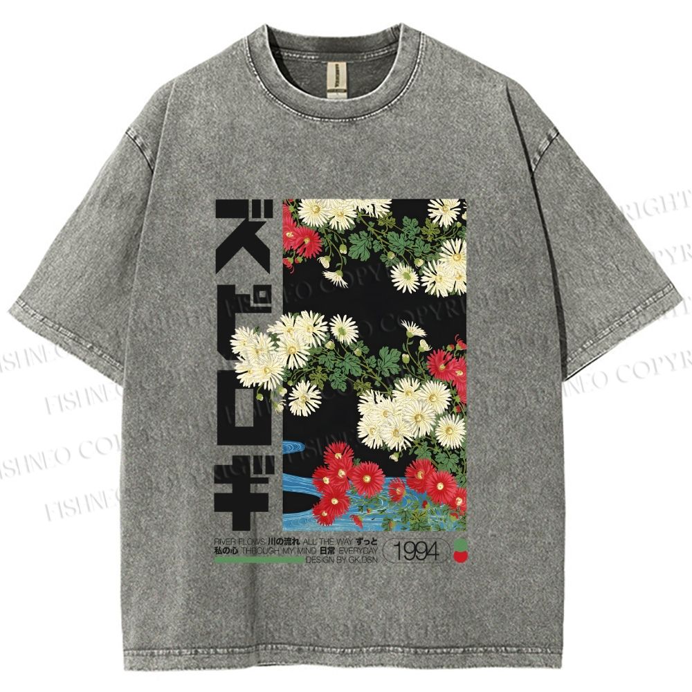 Unisex Japanese Daisy Printed Washed Tee