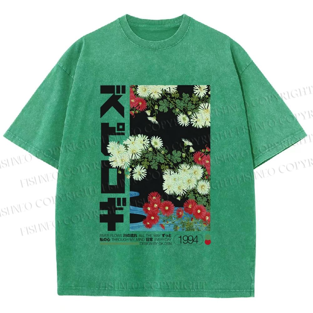 Unisex Japanese Daisy Printed Washed Tee