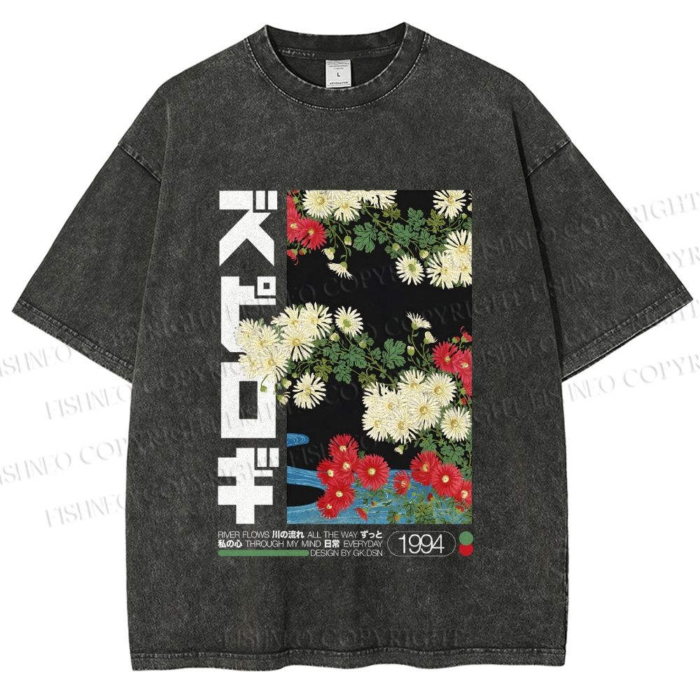 Unisex Japanese Daisy Printed Washed Tee