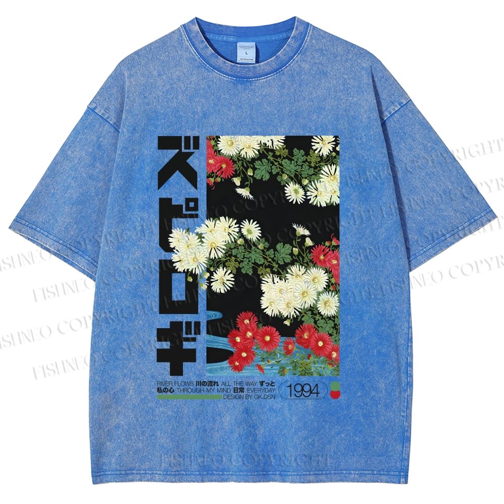 Unisex Japanese Daisy Printed Washed Tee