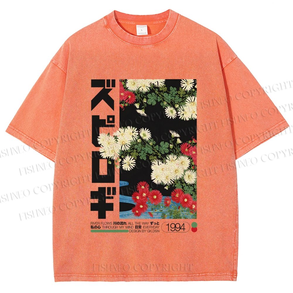 Unisex Japanese Daisy Printed Washed Tee