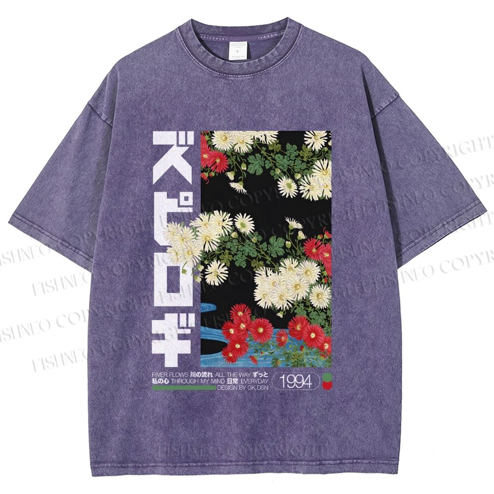 Unisex Japanese Daisy Printed Washed Tee