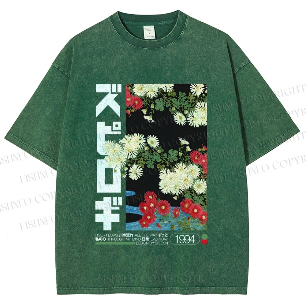 Unisex Japanese Daisy Printed Washed Tee