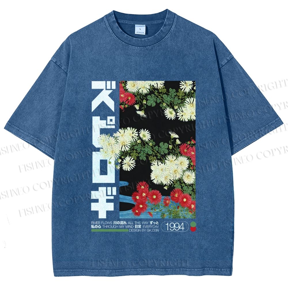 Unisex Japanese Daisy Printed Washed Tee
