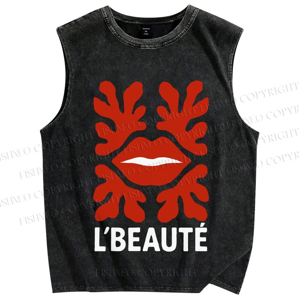 Unisex Vintage Red Lip Printed Washed Tank Top