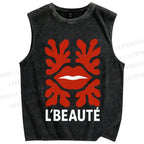 Unisex Vintage Red Lip Printed Washed Tank Top