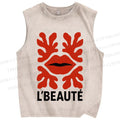 Unisex Vintage Red Lip Printed Washed Tank Top