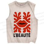 Unisex Vintage Red Lip Printed Washed Tank Top