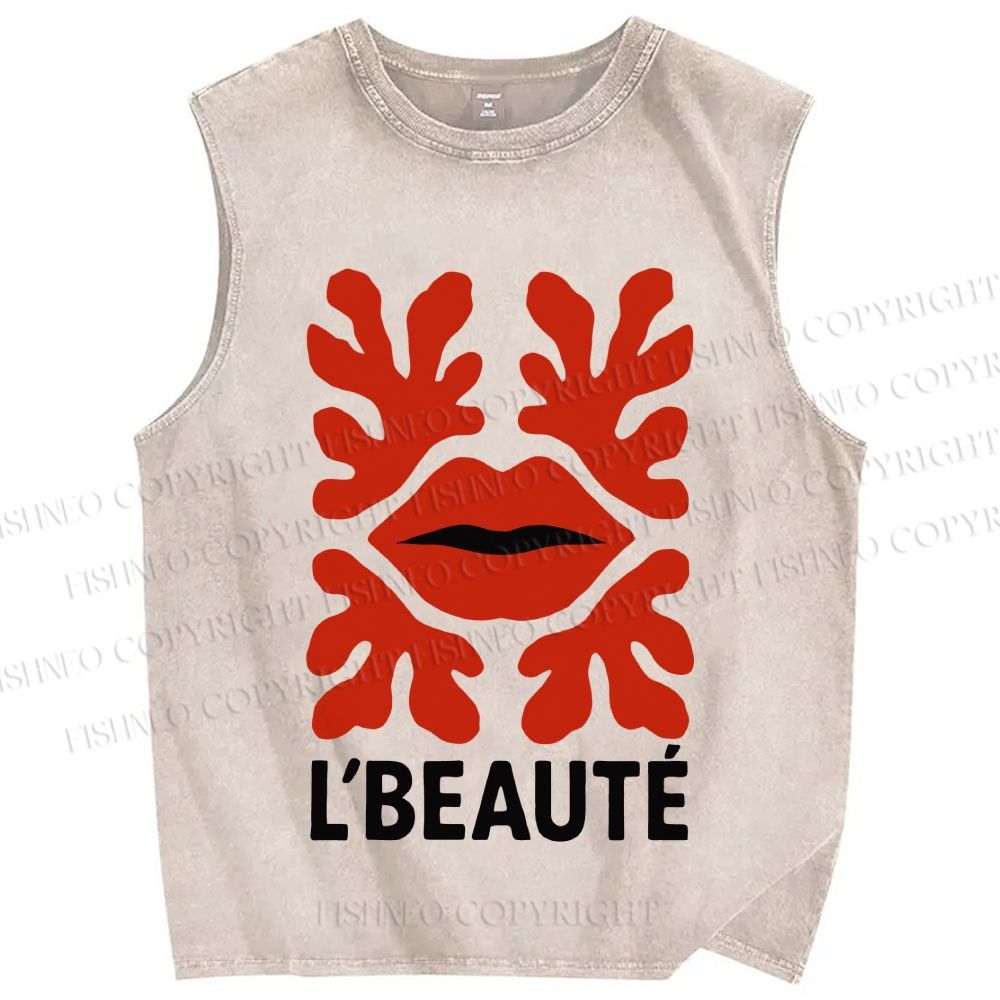Unisex Vintage Red Lip Printed Washed Tank Top