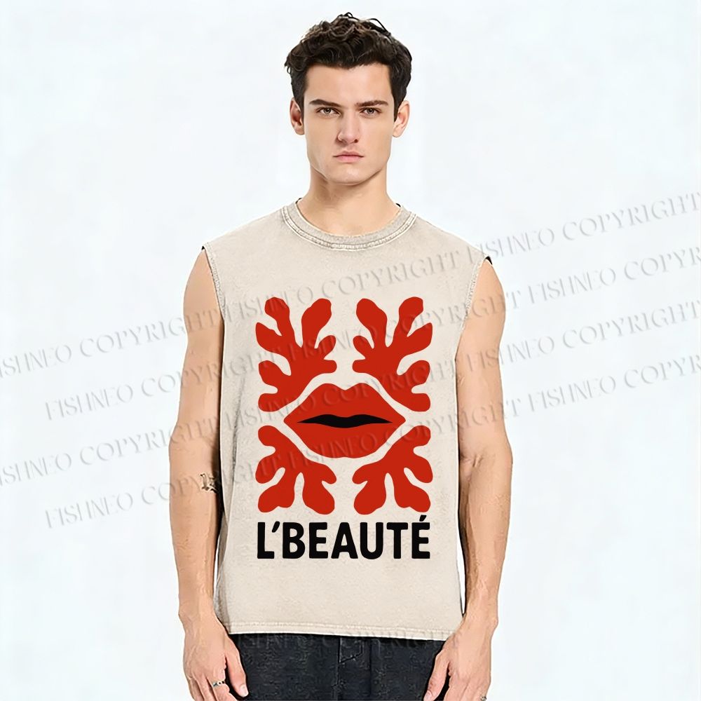 Unisex Vintage Red Lip Printed Washed Tank Top