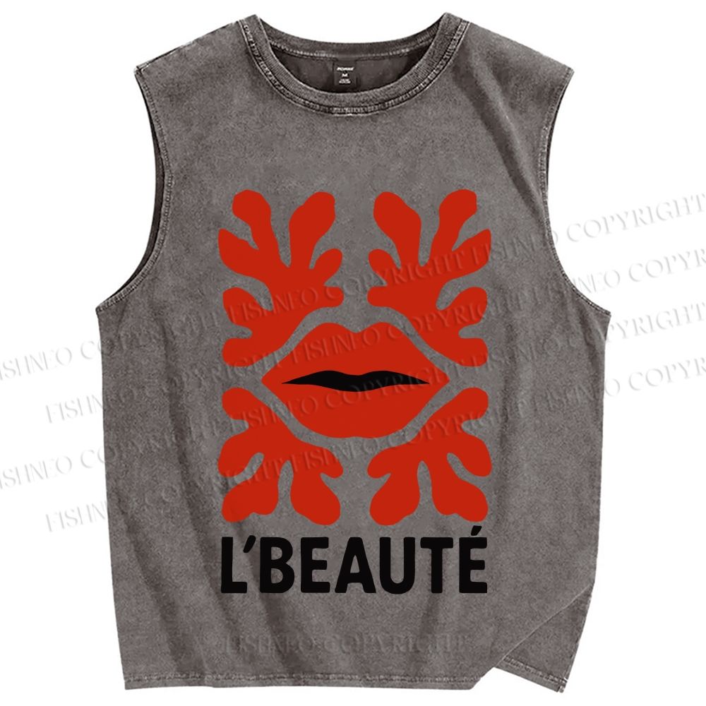Unisex Vintage Red Lip Printed Washed Tank Top