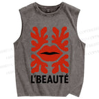Unisex Vintage Red Lip Printed Washed Tank Top